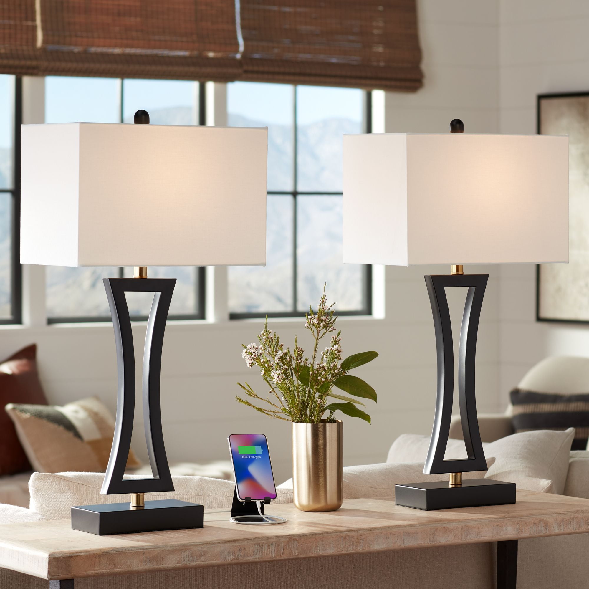 Set of 2 Black Metal Table Lamps with USB Ports and White Shades