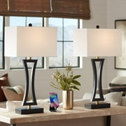 360 Lighting Roxie Modern Table Lamps 31" Tall Set of 2 Black Metal with USB Charging Port White Rectangular Shade for Bedroom Living Room Bedside