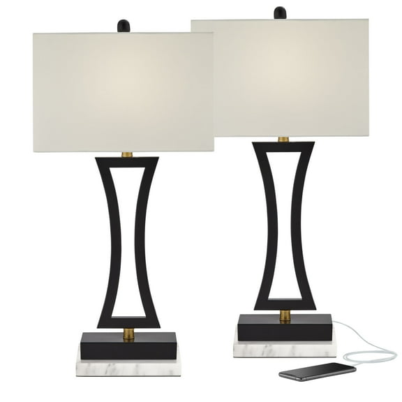 Possini Euro Design Roxie Modern Table Lamps Set of 2 with White Marble Riser 31" Tall Black USB Charging Port Rectangular Fabric Shades for Bedroom