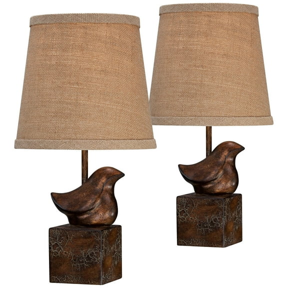 360 Lighting Rustic Farmhouse Accent Table Lamp 15 1/2" High Set of 2 Sculptural Crackle Dark Bronze Brown Natural Burlap Drum Shade for Bedroom House