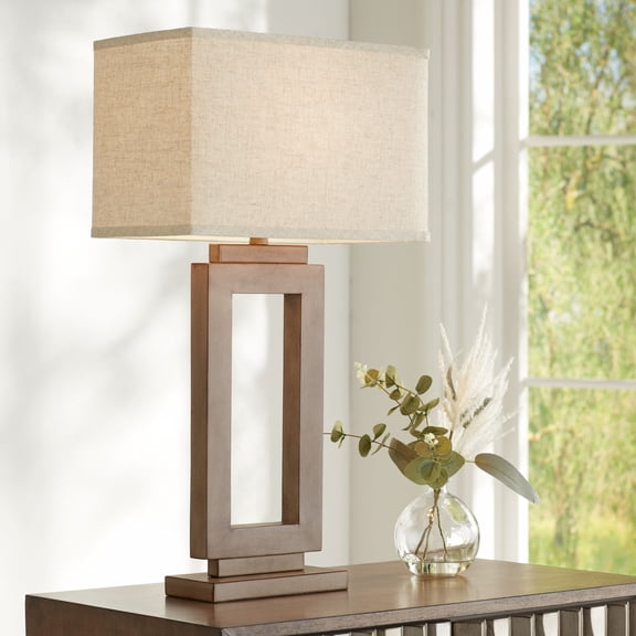 360 Lighting Rustic Farmhouse Table Lamp 30" Tall Sand Metal Open Window Oatmeal Fabric Rectangular Shade for Bedroom Living Room Bedside House Home