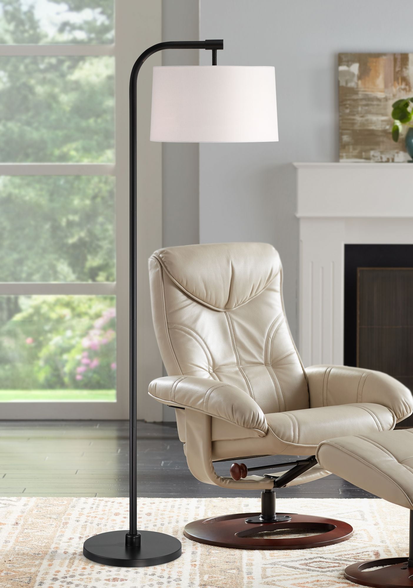 Serra Matte Black Arc Floor Lamp with White Fabric Shade