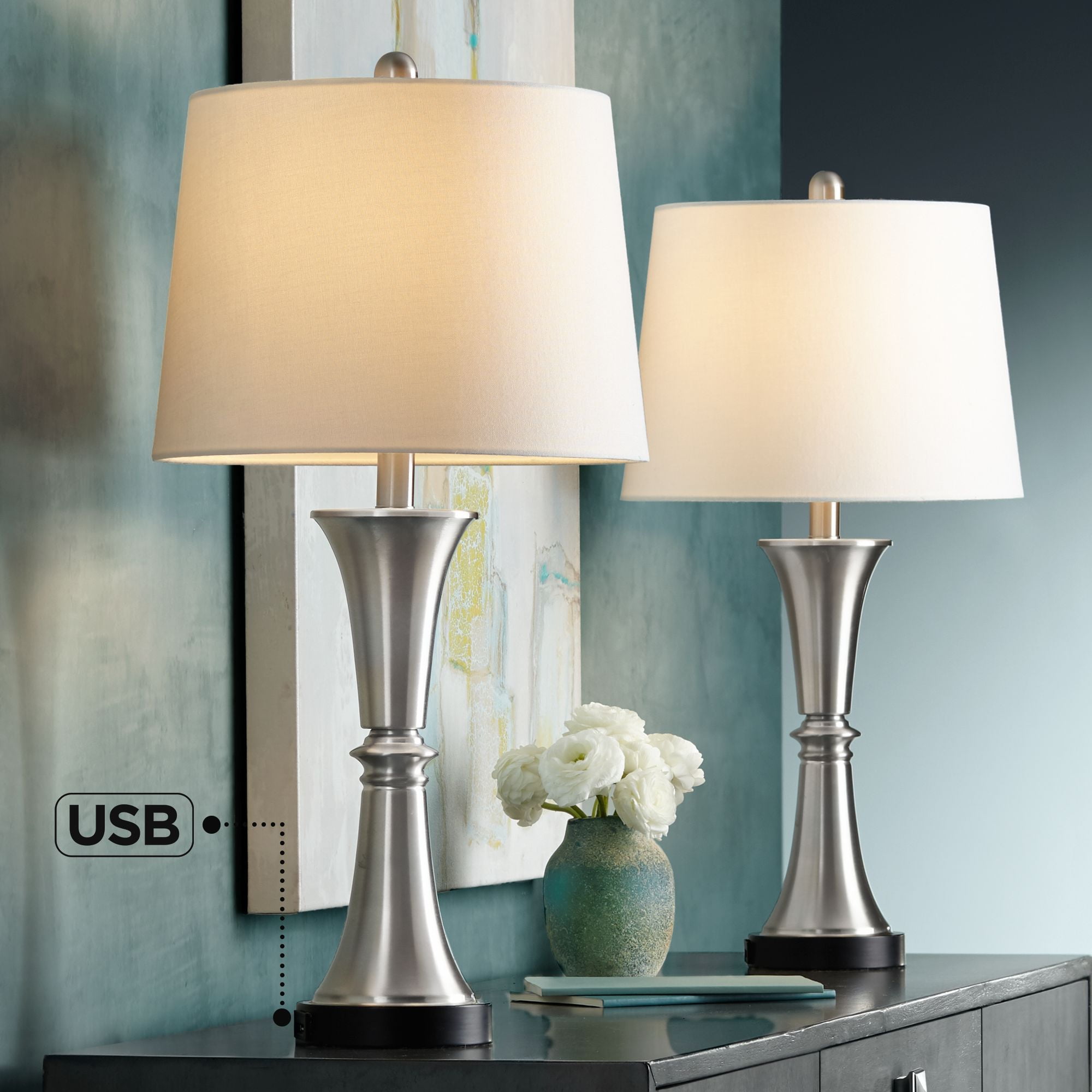 360 Lighting Seymore Modern Table Lamps 26 High Set of 2 Silver with USB  Charging Port LED Touch On Off White Drum Shade for Bedroom Living Room Desk