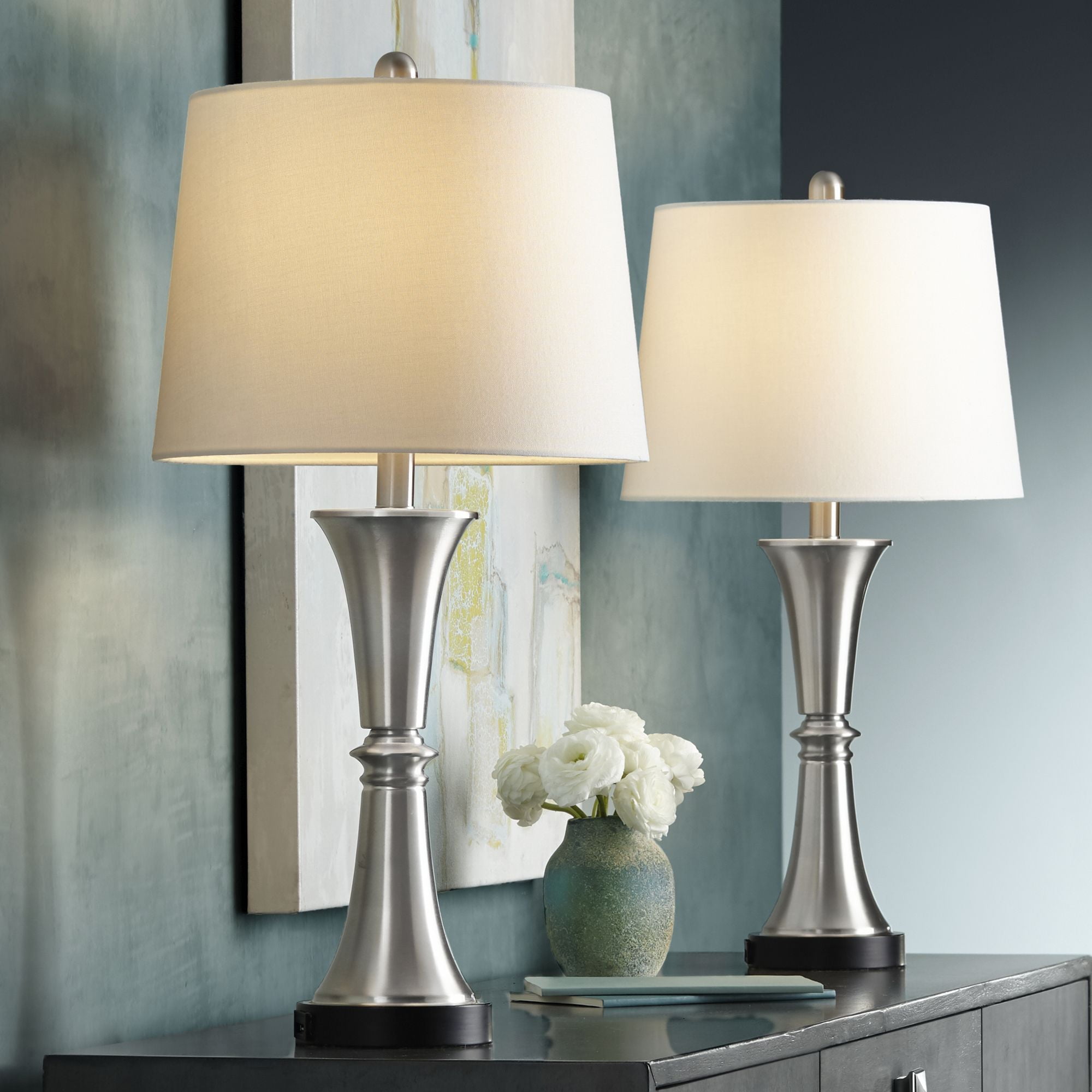 360 Lighting Seymore Modern Table Lamps 26" High Set of 2 Silver with USB Charging Port LED Touch On Off White Drum Shade for Bedroom Living Room Desk