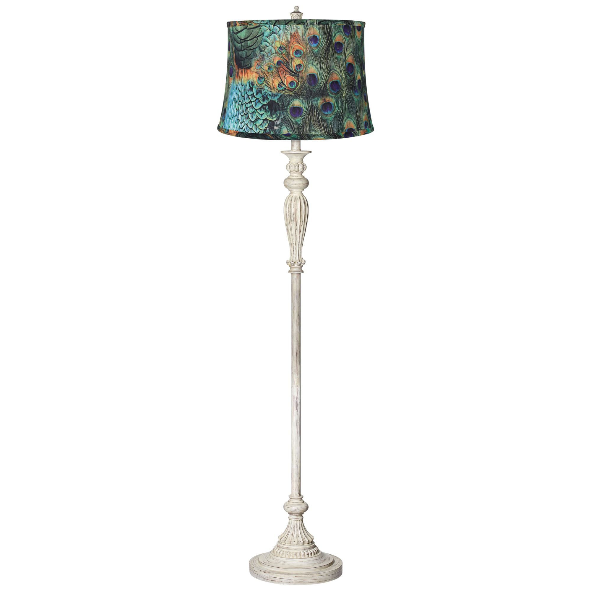 Elegant Antique White Floor Lamp with Peacock Print Shade