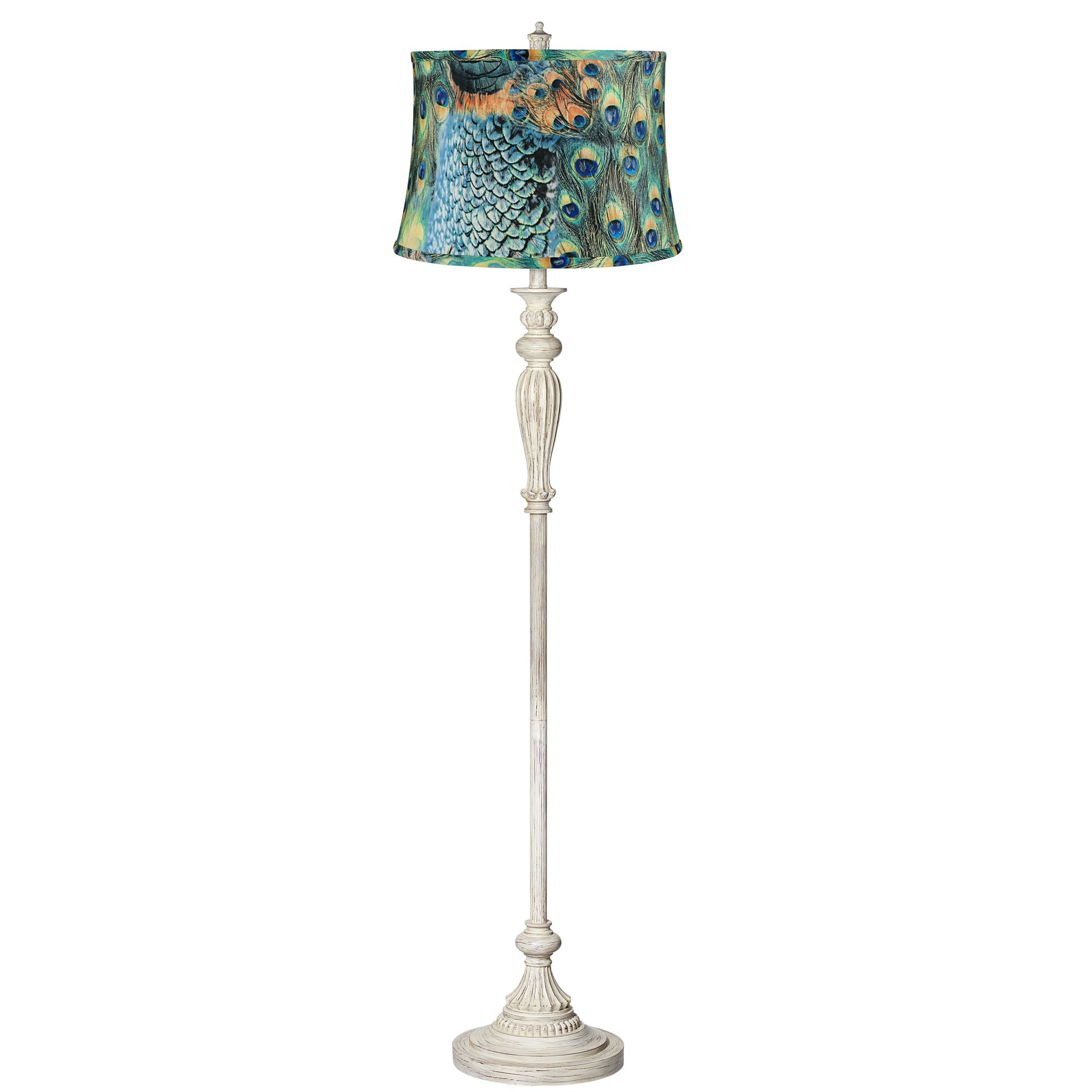 Elegant Antique White Floor Lamp with Peacock Print Shade