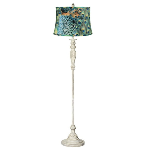 360 Lighting Shabby Chic Floor Lamp 60" Tall Antique White Washed Peacock Print Drum Shade for Living Room Reading Bedroom Office