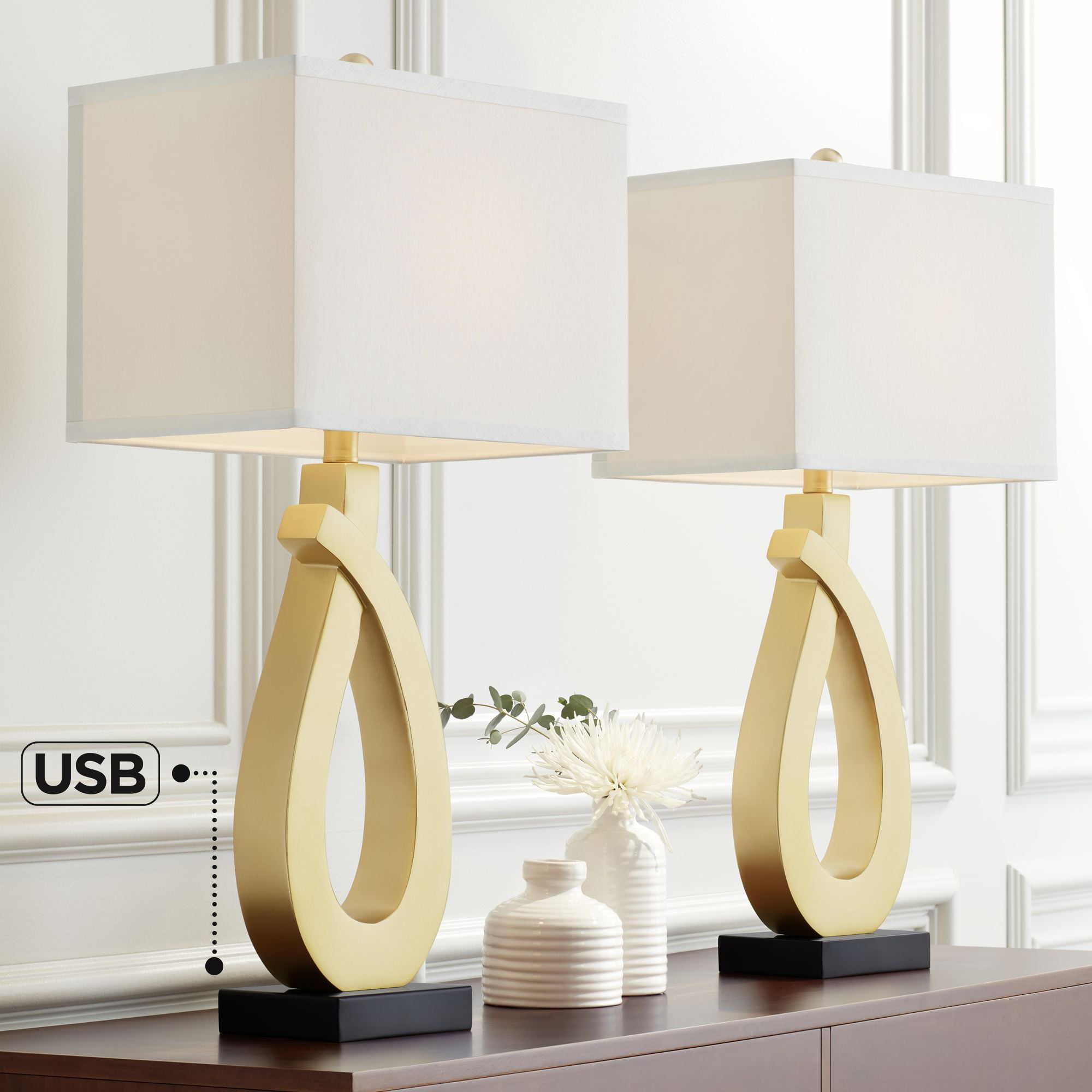 360 Lighting Simone Modern Table Lamps 28 Tall Set of 2 Sculptural Gold  Metal USB Charging Port White Rectangular Shade Bedroom Living Room