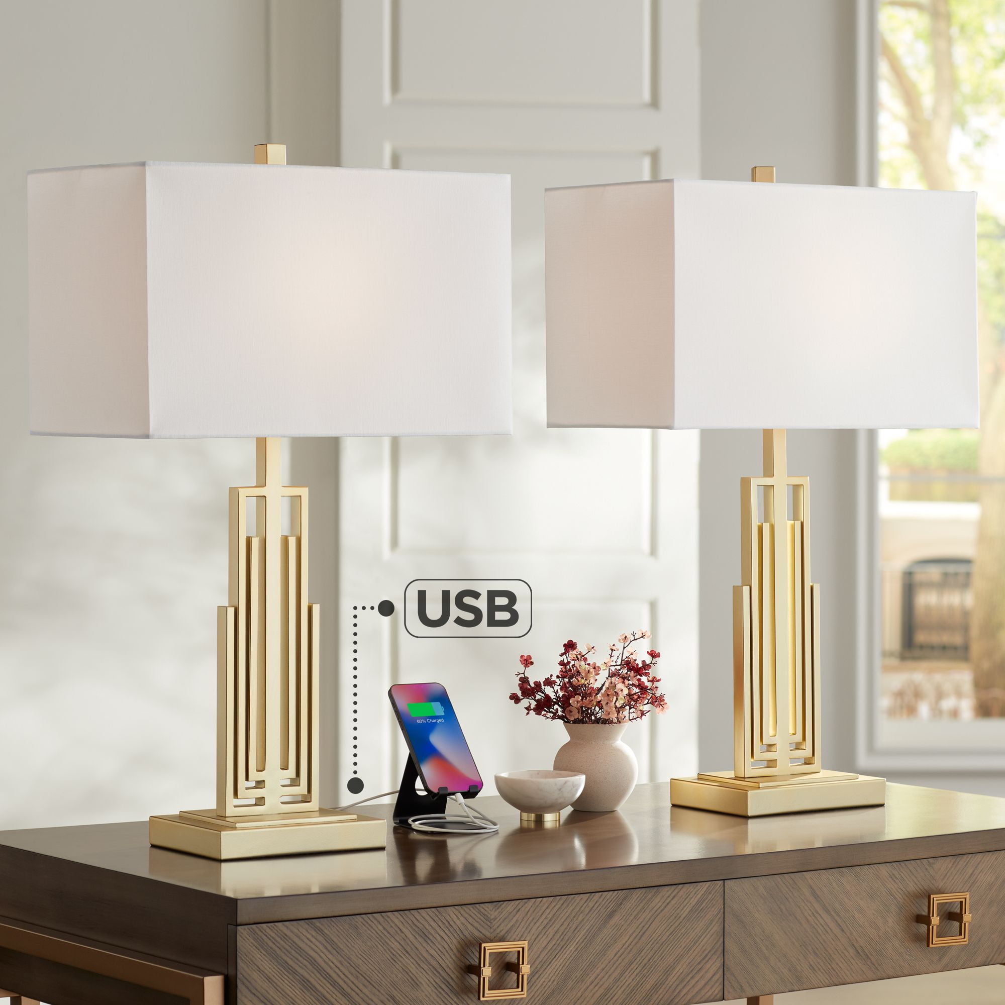 360 Lighting Simone Modern Table Lamps 28 Tall Set of 2 Sculptural Gold  Metal USB Charging Port White Rectangular Shade Bedroom Living Room