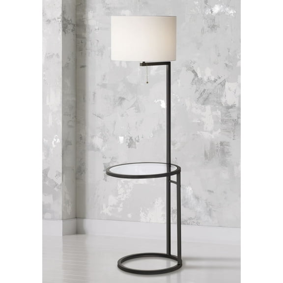 360 Lighting Space Saver Modern Floor Lamp with Tray Table 62" Tall Black Metal White Fabric Drum Shade for Living Room Bedroom Office House Home