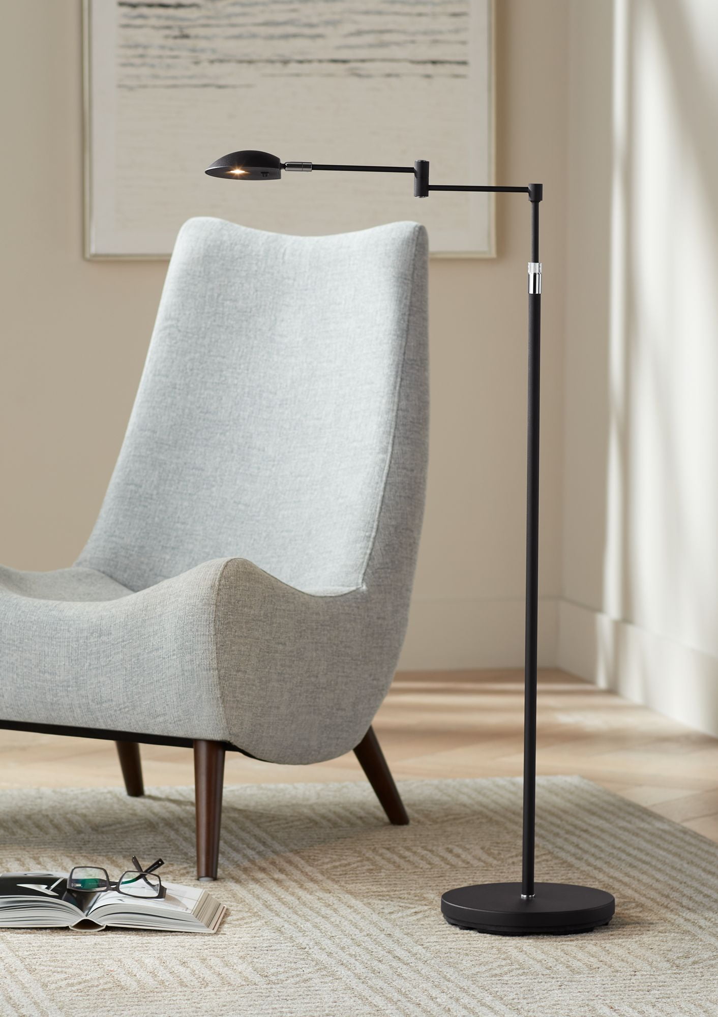 Adjustable Black Metal Pharmacy LED Floor Lamp with Oval Shade