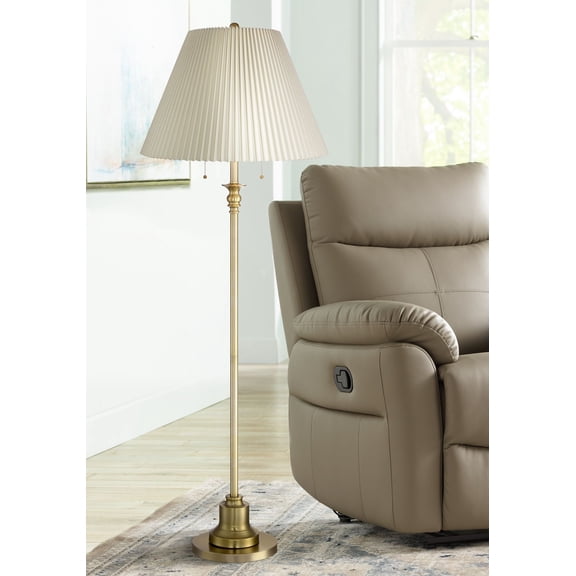 360 Lighting Spenser Retro Art Deco 58" Tall Floor Lamp Brushed Antique Brass Beige Fabric Pleated Empire Shade for Living Room Bedroom