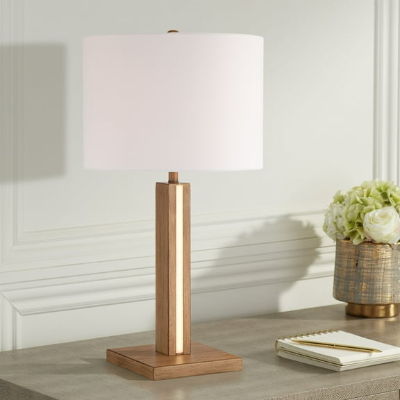 Possini Euro Design Brookline 26 1/2" Tall Square Modern Table Lamp LED Night Light Brown Oak Finish Wood Living Room Bedroom