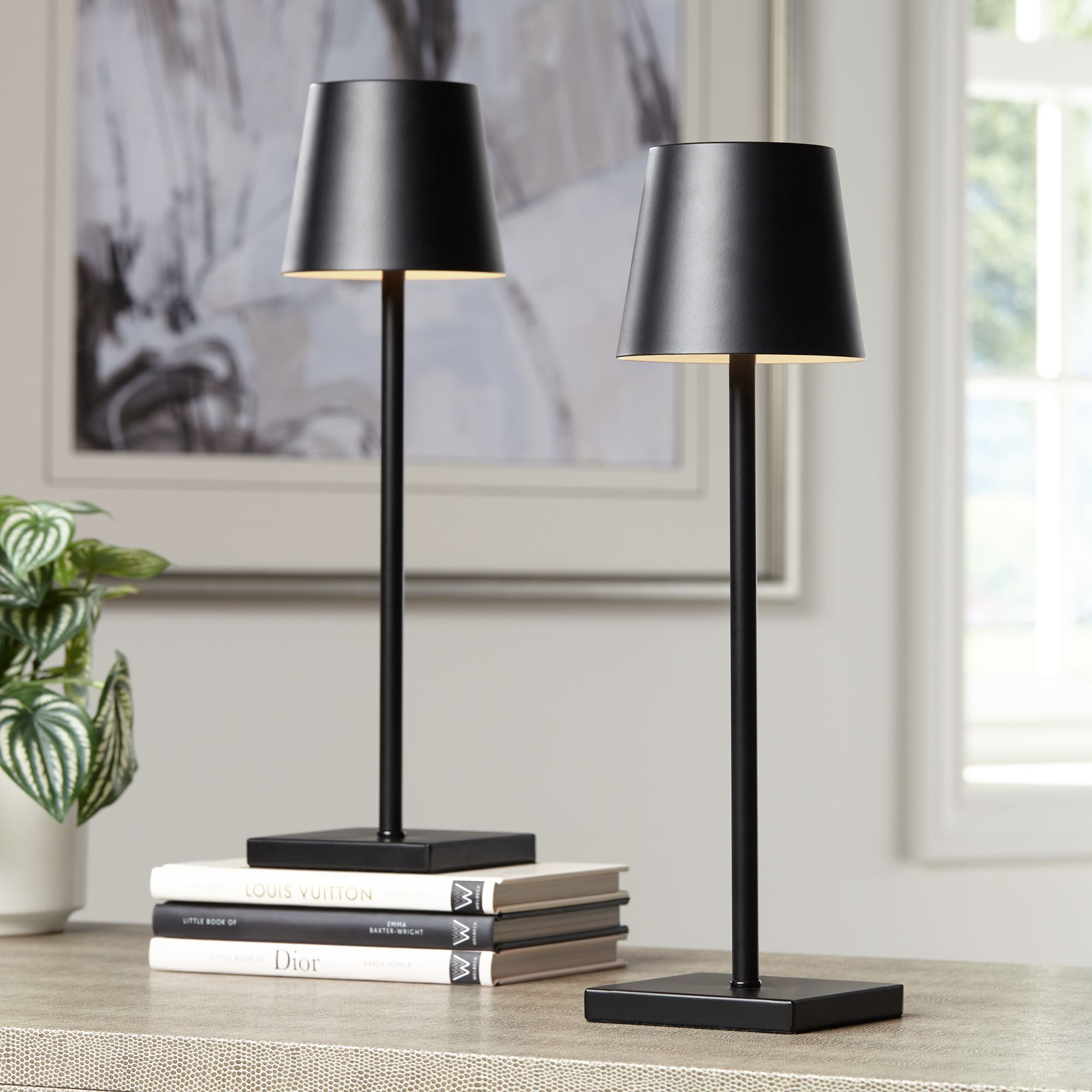 Set of 2 Matte Black Metal Cordless Accent Table Lamps