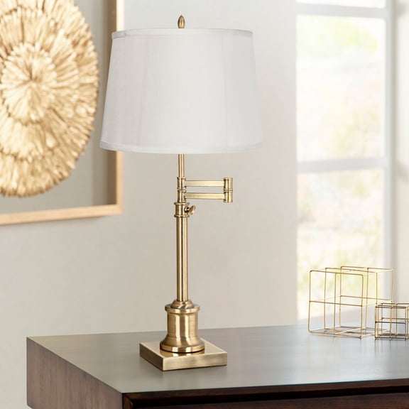 360 Lighting Swing Arm Desk Table Lamp 36" Tall Antique Brass Beige Fabric Drum Shade for Living Room Bedroom Bedside Office Family