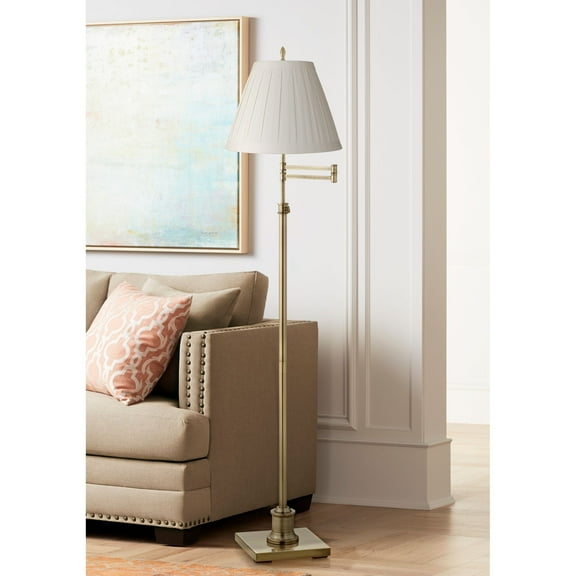 360 Lighting Swing Arm Floor Lamp 70" Tall Antique Brass Box Pleated Cream Linen Drum Shade for Living Room Reading Bedroom