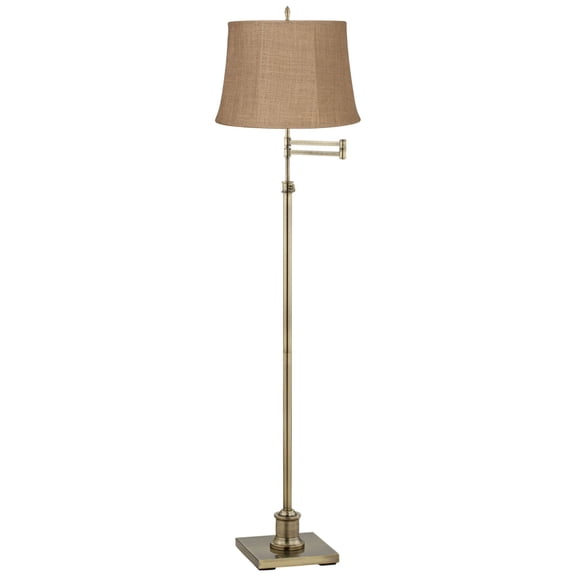 360 Lighting Swing Arm Floor Lamp Adjustable Height 70" Tall Antique Brass Natural Burlap Fabric Drum Shade for Living Room Reading Bedroom