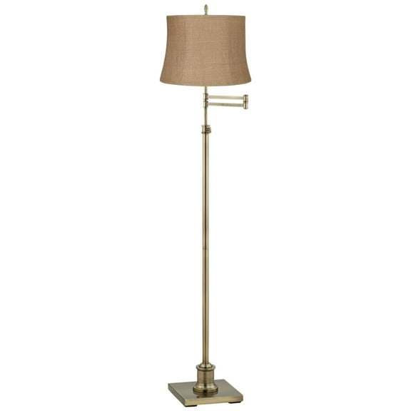 360 Lighting Swing Arm Floor Lamp Adjustable Height 70" Tall Antique Brass Natural Burlap Fabric Drum Shade for Living Room Reading Bedroom