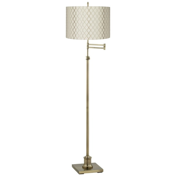 360 Lighting Swing Arm Floor Lamp Adjustable Height 70" Tall Antique Brass Off White Embroidered Hourglass Fabric Drum Shade Living Room