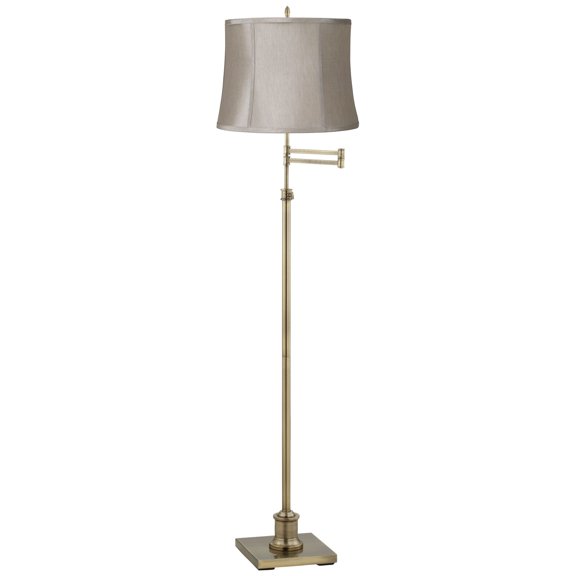 360 Lighting Swing Arm Floor Lamp Adjustable Height 70" Tall Antique Brass Taupe Gray Fabric Drum Shade for Living Room Reading Bedroom
