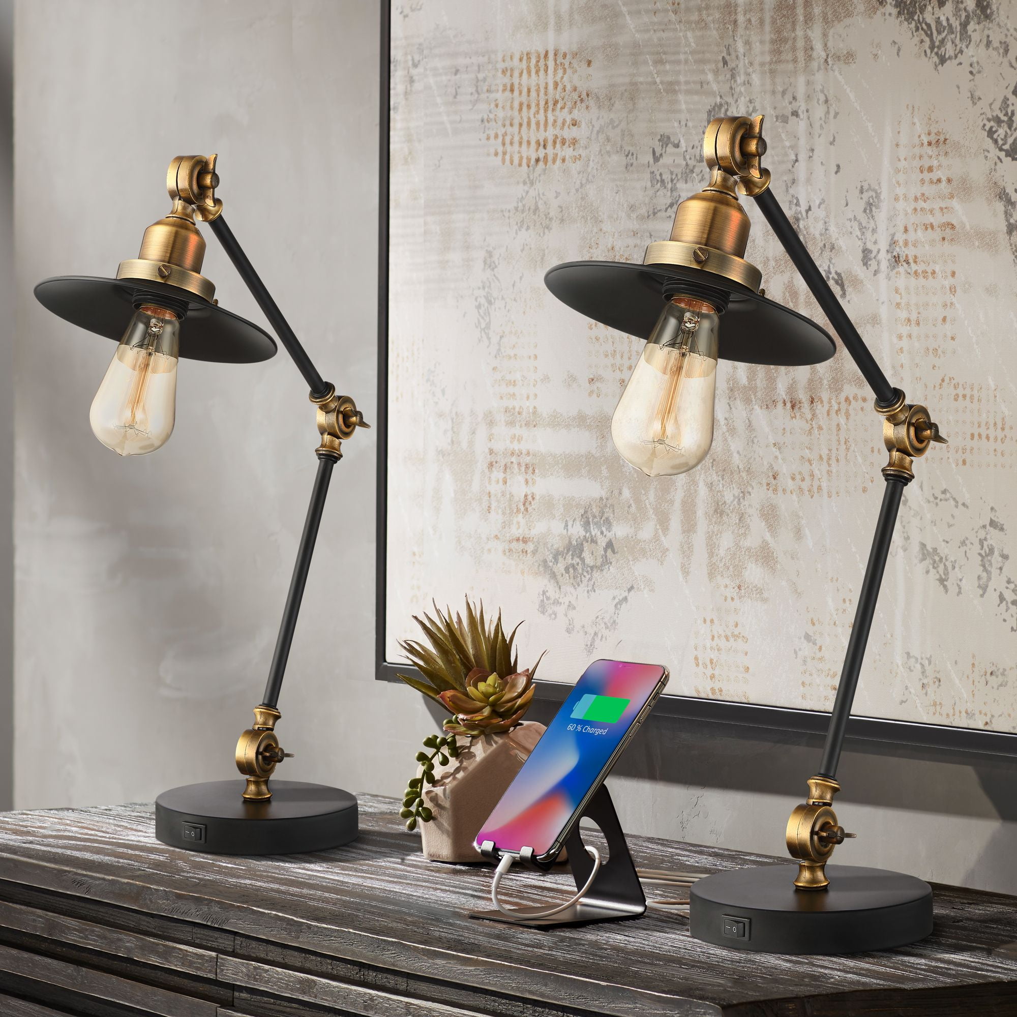 360 Lighting Taurus 20" High Small Farmhouse Rustic Desk Lamps Set of 2 USB Ports Adjustable Black Gold Home Office Charging