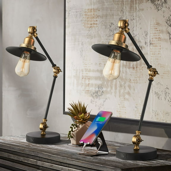 360 Lighting Taurus 20" High Small Farmhouse Rustic Desk Lamps Set of 2 USB Ports Adjustable Black Gold Home Office Charging