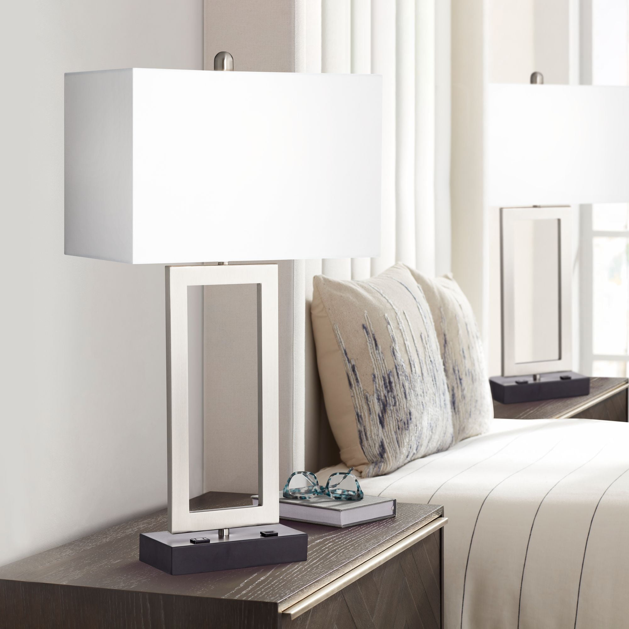 30" Tall Silver Brushed Nickel Rectangular Table Lamps Set with White Fabric Shades