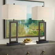Possini Euro Design Todd Modern Table Lamps 30" Tall Set of 2 Bronze with USB and AC Power Outlet in Base Oatmeal Shade for Bedroom Living Room