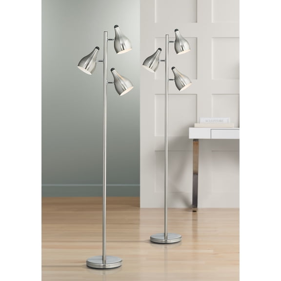 360 Lighting Trac Modern 64" Tall Standing Floor Lamps Set of 2 Lights Tree-Style 3-Light Silver Metal Brushed Steel Finish
