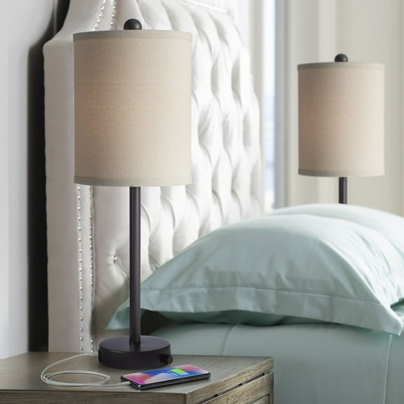 360 Lighting Trotter Modern Table Lamps 23 3/4" High Set of 2 Oiled Bronze with USB and AC Power Outlet in Base Burlap Shade for Living Room Home Desk