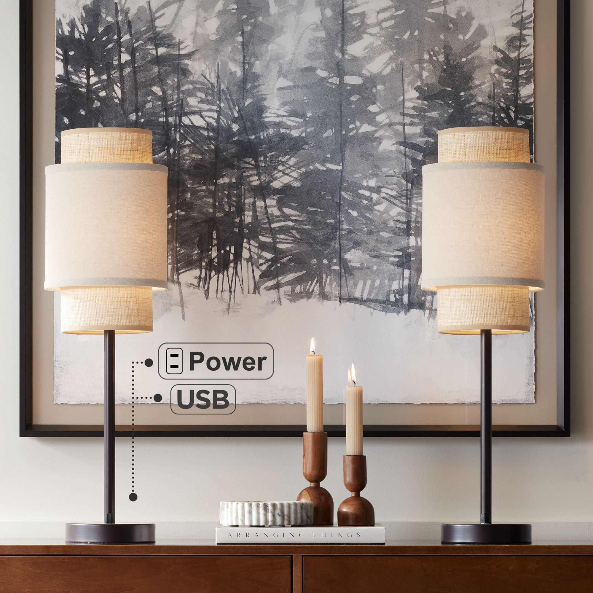 27" Bronze Metal Table Lamps with Linen Shades Set of 2