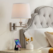 360 Lighting Vero Modern Swing Arm Wall Lamp Brushed Nickel Plug-in Light Fixture with USB Charging Port White Drum Shade for Bedroom Bedside Reading
