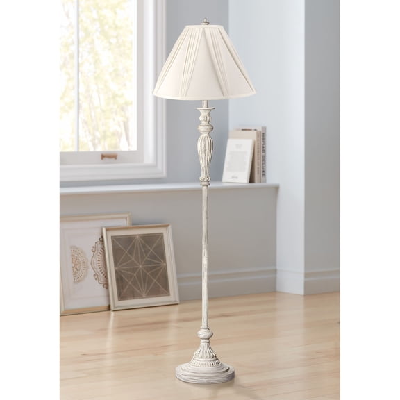 360 Lighting Vintage Chic Floor Lamp 60" Tall Antique White Washed Ivory Pleated Drape Fabric Shade for Living Room Reading Bedroom Office