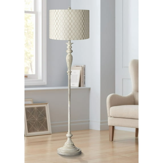 360 Lighting Vintage Country Cottage Floor Lamp 60" Tall Antique White Embroidered Hourglass Print Drum Shade for Living Room Bedroom Office House