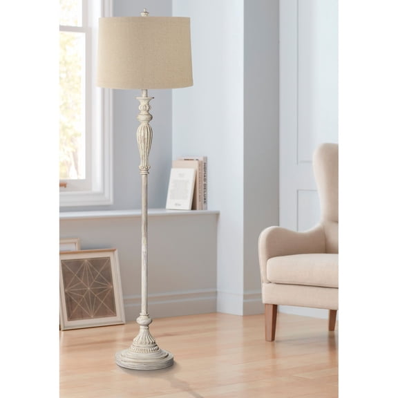 360 Lighting Vintage Shabby Chic Floor Lamp 60" Tall Antique White Washed Natural Linen Fabric Drum Shade for Living Room Reading Bedroom Office