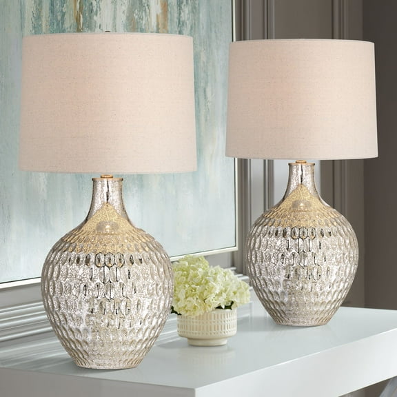 360 Lighting Waylon 28" Tall Modern Luxe End Table Lamps Set of 2 Silver Mercury Glass Off-White Shade Living Room Bedroom Bedside