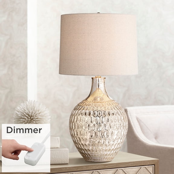 360 Lighting Modern Table Lamp 28" Tall with USB Charging Port Mercury Glass Off White Drum Shade for Bedroom Living Room House Home Bedside Office