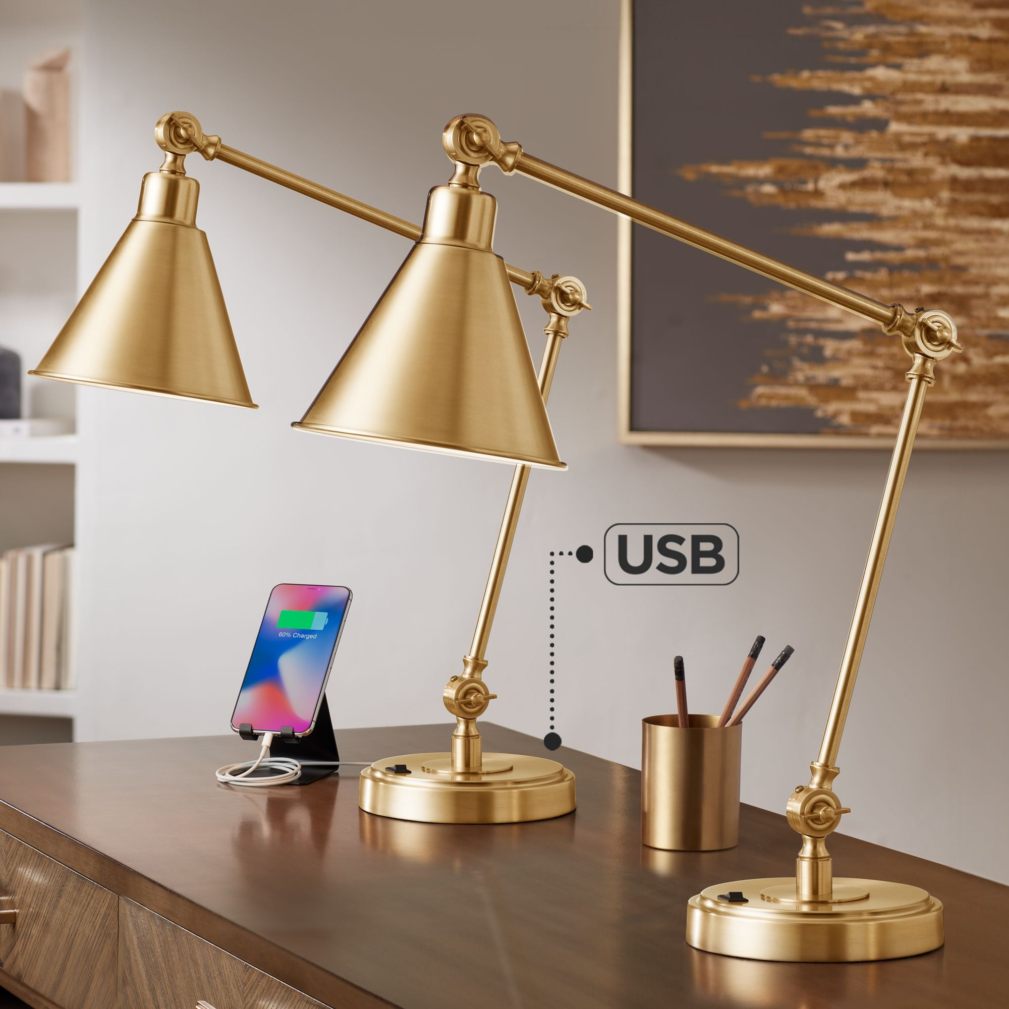 Adjustable Antique Gold Metal Desk Lamps with USB Ports, Set of 2