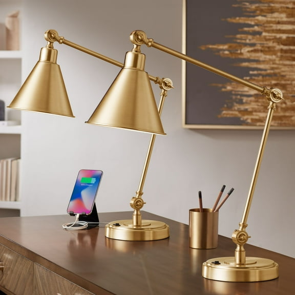 360 Lighting Wray 26 3/4" Tall Modern Desk Lamps Set of 2 USB Port Adjustable Warm Antique Gold Finish Metal Home Office Charging