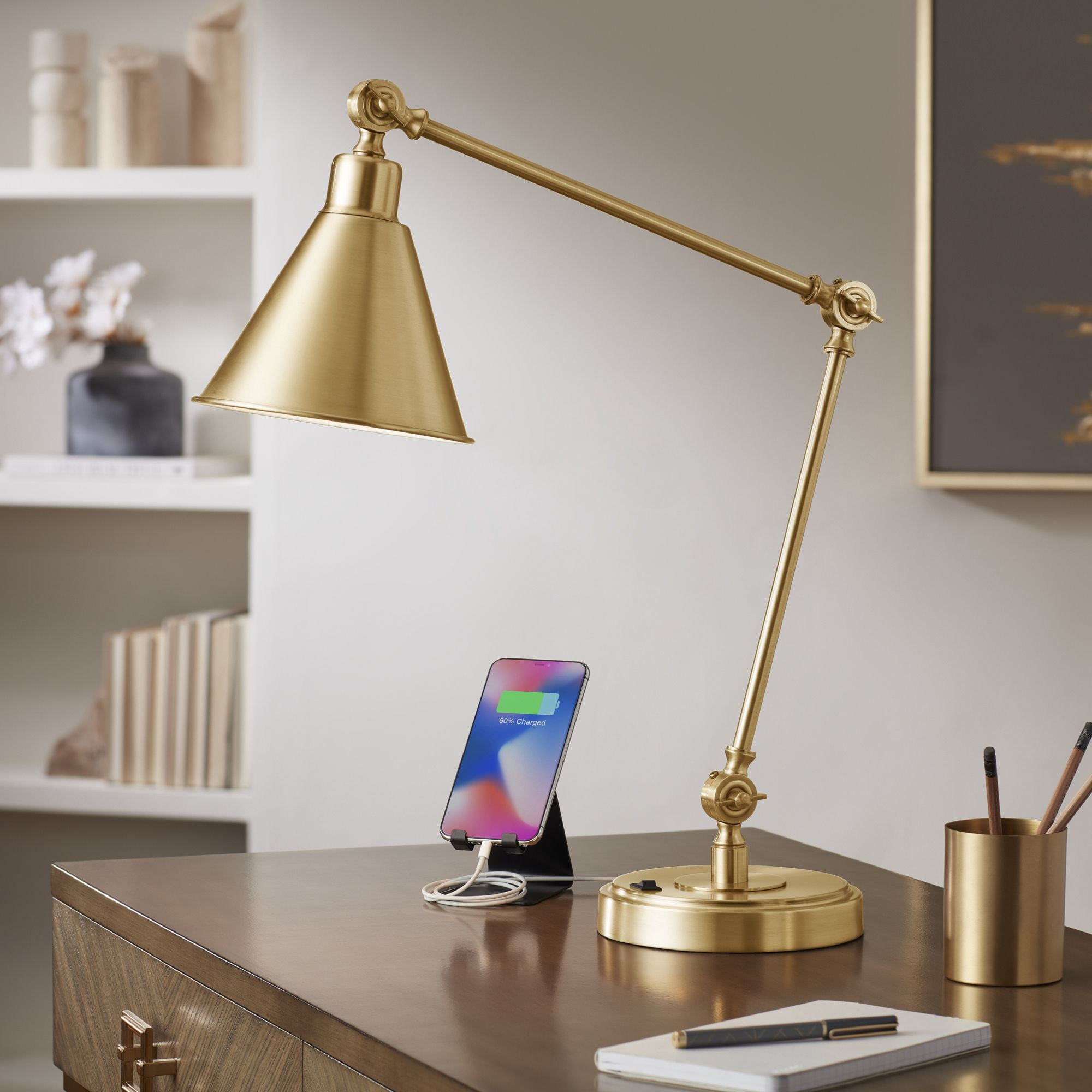 Antique Gold Adjustable Desk Lamp with USB Port