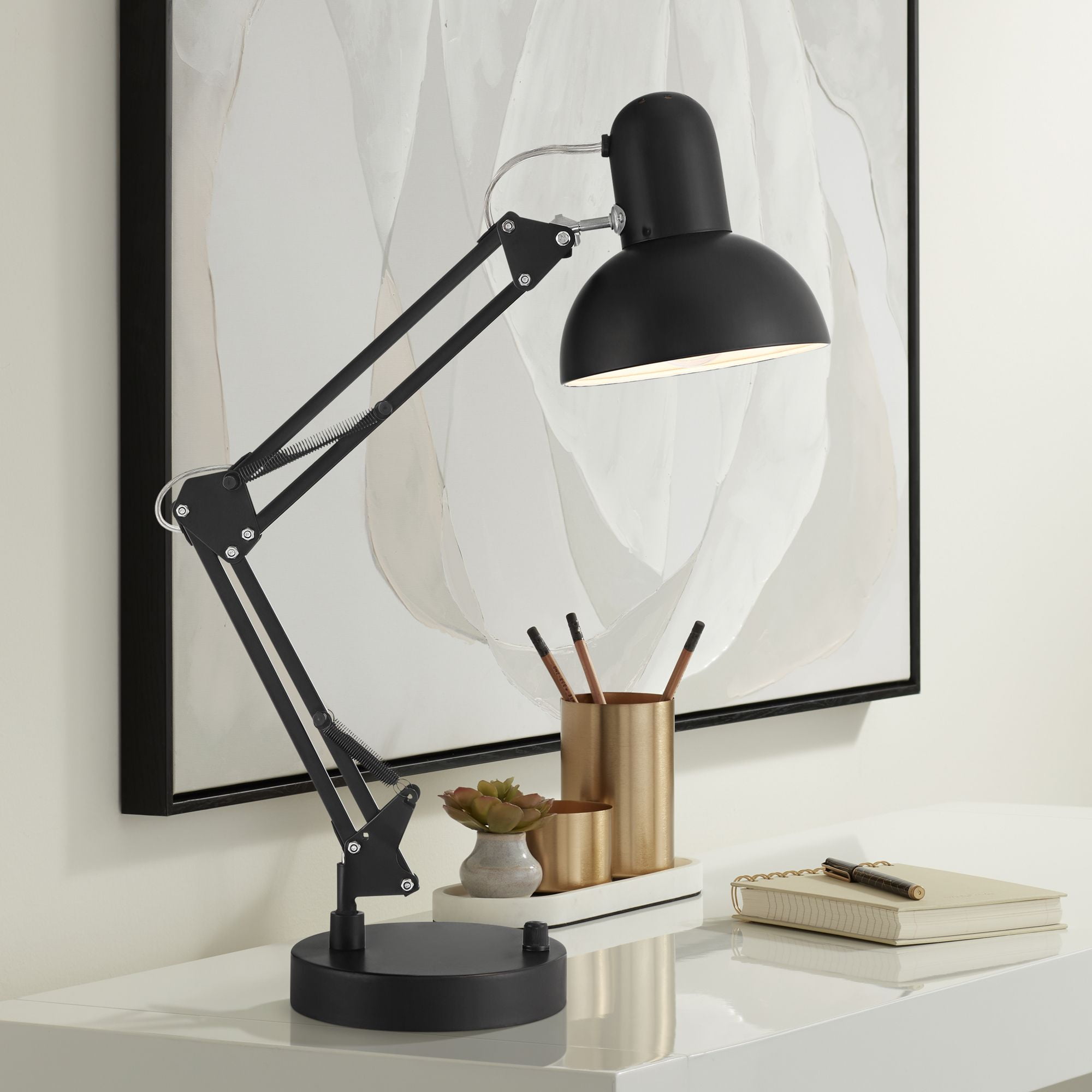 360 Lighting Wyatt 25" High Modern Desk Lamp USB Port Architect Adjustable Height Black Finish Metal Single Home Office Charging