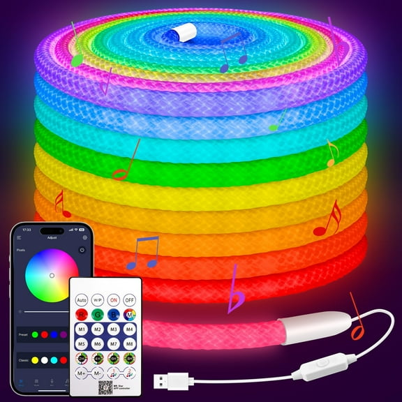 360 Luminous Reticulate Weave Rope Lights, 16.4ft Addressable ICRGB LED Strip, Music Sync, DIY Design, USB Powered Flexible LED Lights for Gaming Room, Living Room, Bedroom, Wall Decor, Party