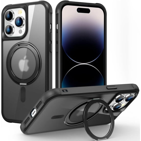 360° Magnetic Swivel Ring for iPhone 14 pro max case, Built-in Metal Stand and Ring Holder, Magsafe Compatible, Military Grade Protection, Shock Resistant - Black