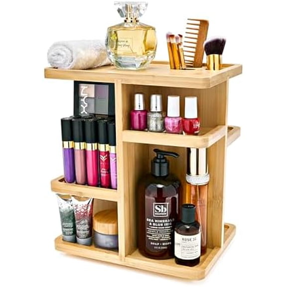 360° Makeup Organizer - Bamboo Wood Make Up Storage Carousel for Cosmetics, Skin Care Rotating Makeup Organizer for Vanity, Bathroom Storage