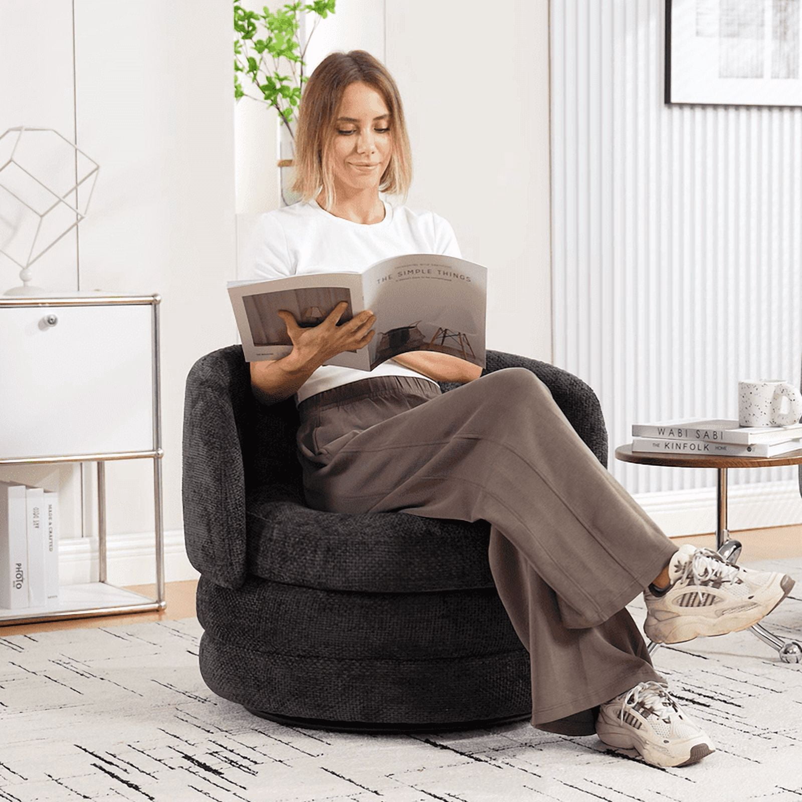 360° Modern Swivel Barrel Accent Chair, Chenille Upholstered Lounge Armchair with Pillow, Comfy Round Sofa Reading Chair for Living Room, Bedroom, Gray