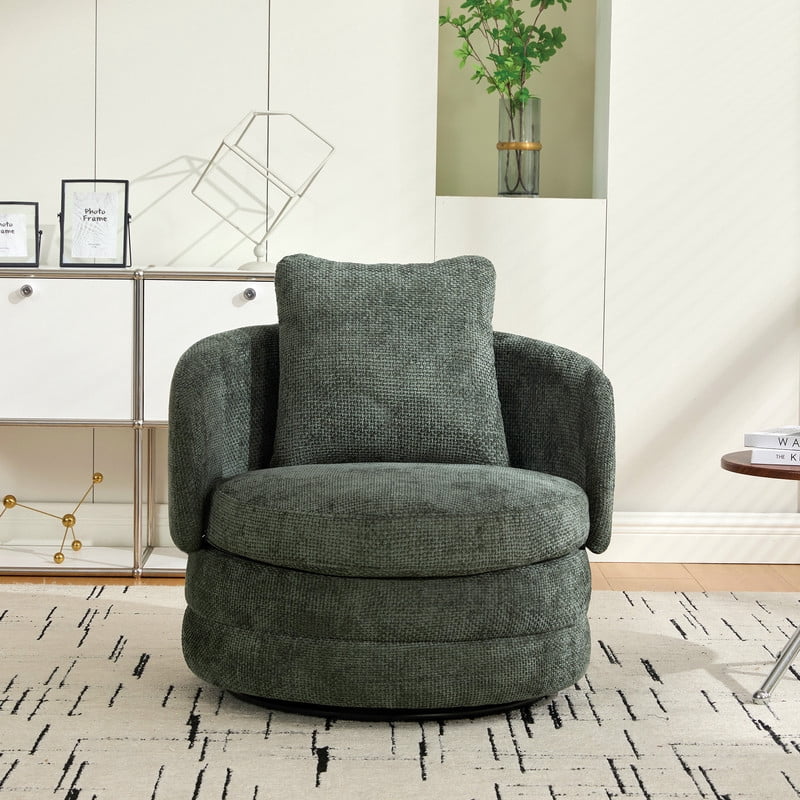 360° Modern Swivel Barrel Accent Chair, Chenille Upholstered Lounge Armchair with Pillow, Comfy Round Sofa Reading Chair for Living Room, Bedroom, Green