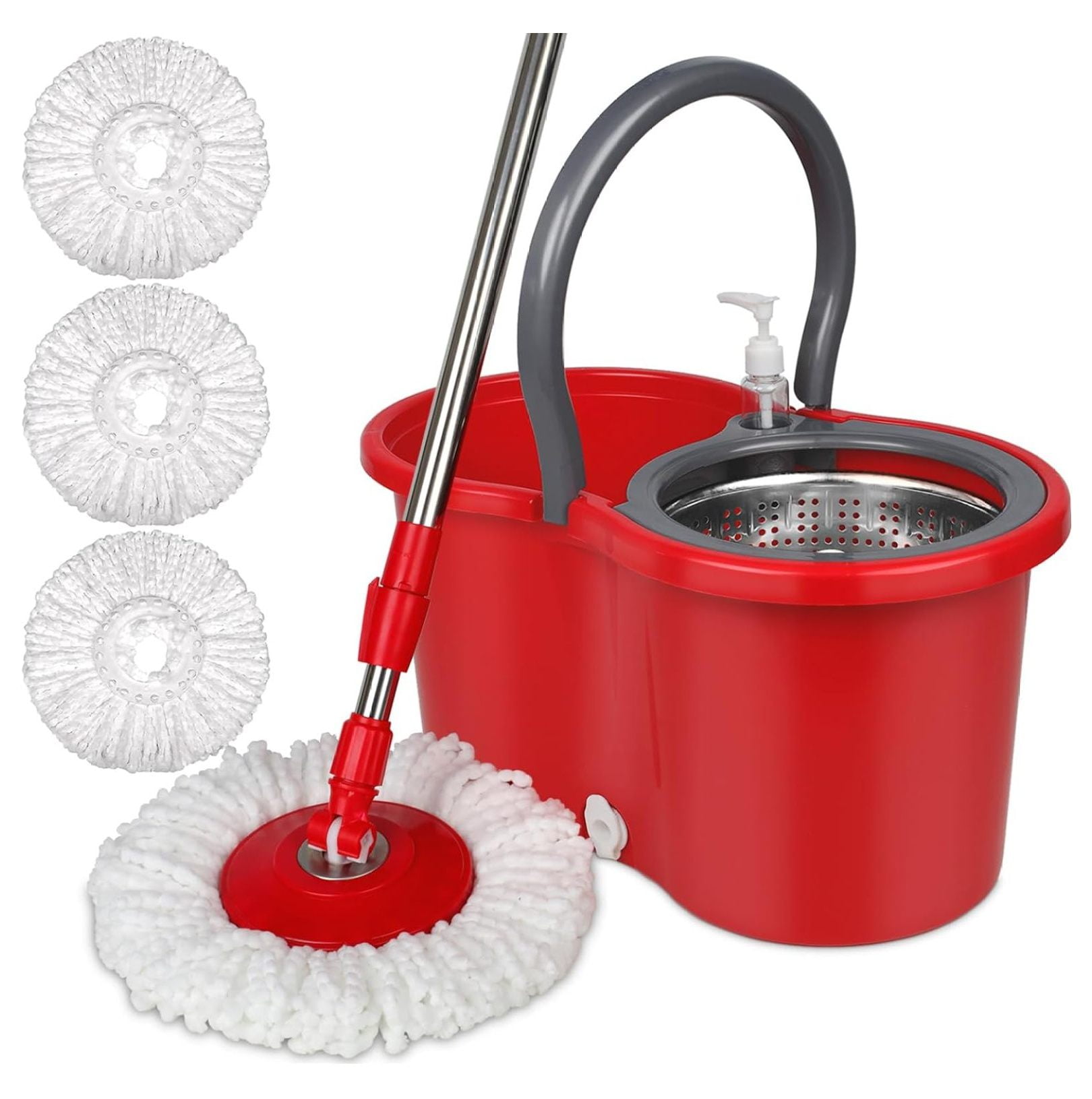 360 Mop and Bucket Set, Spin Mop Bucket with Wringer, Microfiber 3 Mop Replacement Heads, Mops for Floor Cleaning, Mop with Bucket, Red/Gray