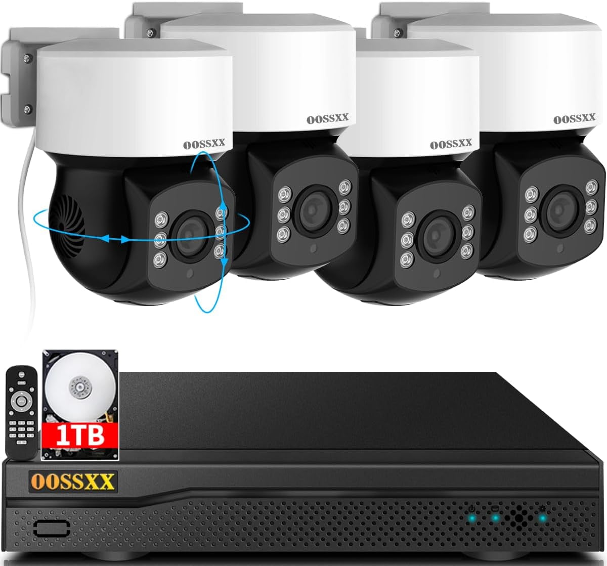 OOSSXX 360° PTZ Digital Zoom Wired Security Camera System,80FT Night