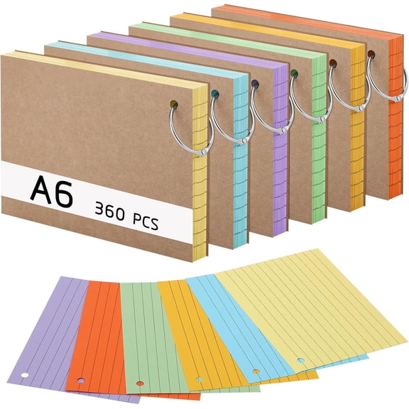 360 Index Cards, A6 150 gsm Lined Study Cards with Kraft Covers and Loose-Leaf Ring, Study Cards in 6 Colors for Vocabulary Learning, School, Office, Home (14.8 x 10.5 cm)