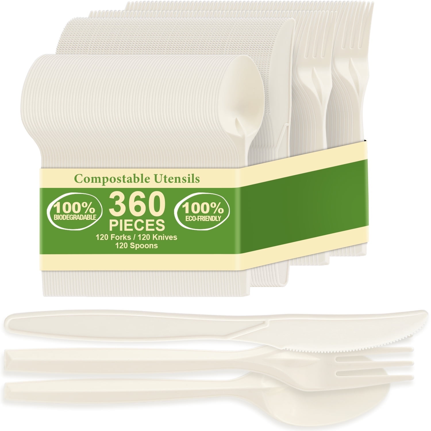 360 Packs Compostable Utensils Compostable 120 Forks 120 Spoons 120 Knives Large Disposable Silverware Heavy Duty Eco Friendly Flatware